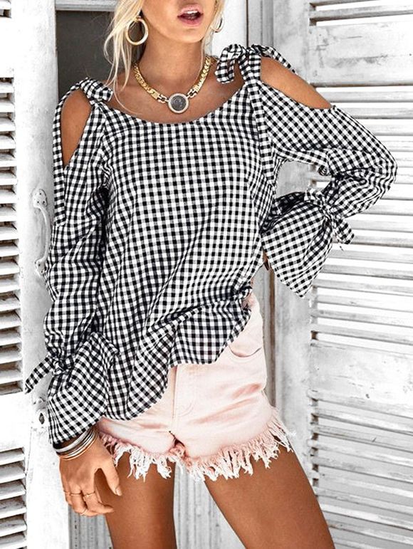 Tie Flare Sleeve Checked Top - BLACK M