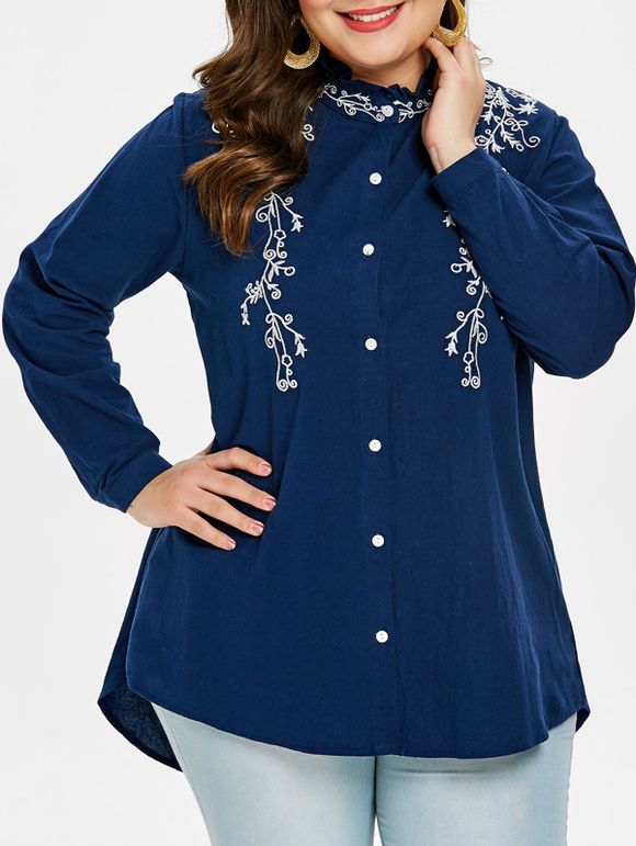 Chemise Haute Basse Brodée de Grande Taille - Bleu Foncé Toile de Jean 4X