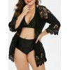 Openwork Plus Size Three Quarter Sleeve Cover Up - BLACK ONE SIZE