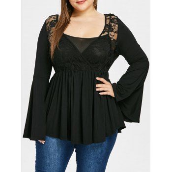 

Plus Size Flare Sleeve Lace Draped T-shirt, Black