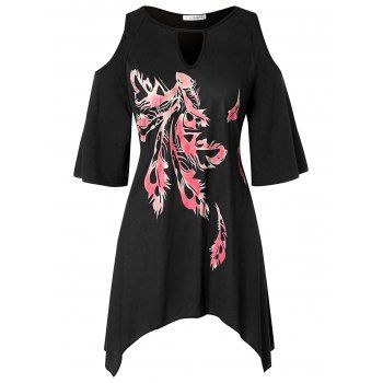 

Plus Size Cold Shoulder Keyhole Neck Printed T-shirt, Black
