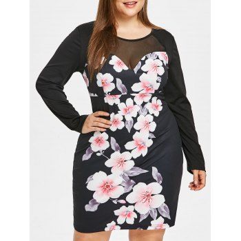 

Plus Size Mesh Panel Floral Print Bodycon Dress, Black