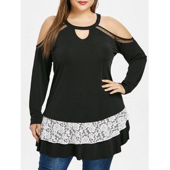 

Open Shoulder Lace Panel Plus Size T-shirt, Black