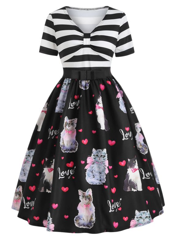 Vintage Cat Print A Line Dress - multicolor XL