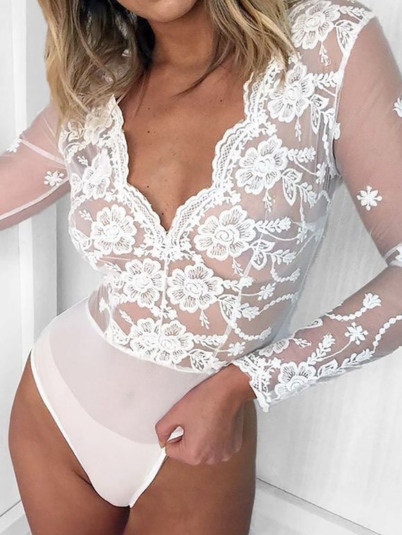 Long Sleeve Flower Embroidered Mesh Teddy - WHITE L