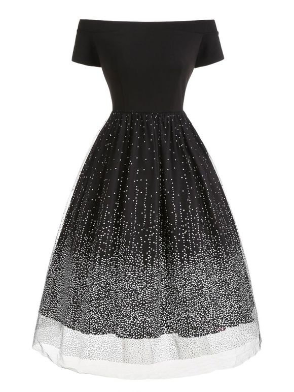 Short Sleeve Snow Print Flare Dress - BLACK S