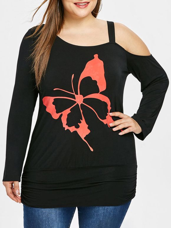 T-shirt Blouson Papillon Imprimé à Epaule Ouverte de Grande Taille - Noir 2X