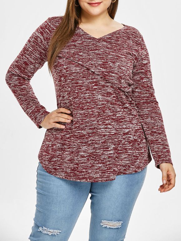 T-shirt Teinté Croisé de Grande Taille à Col V - Rose Brûlé 4X