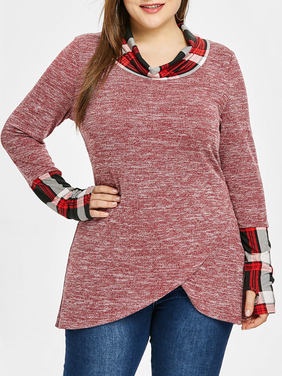 [26% OFF] 2021 Plus Size Cowl Neck Plaid Trim Marled Top In CHERRY RED ...