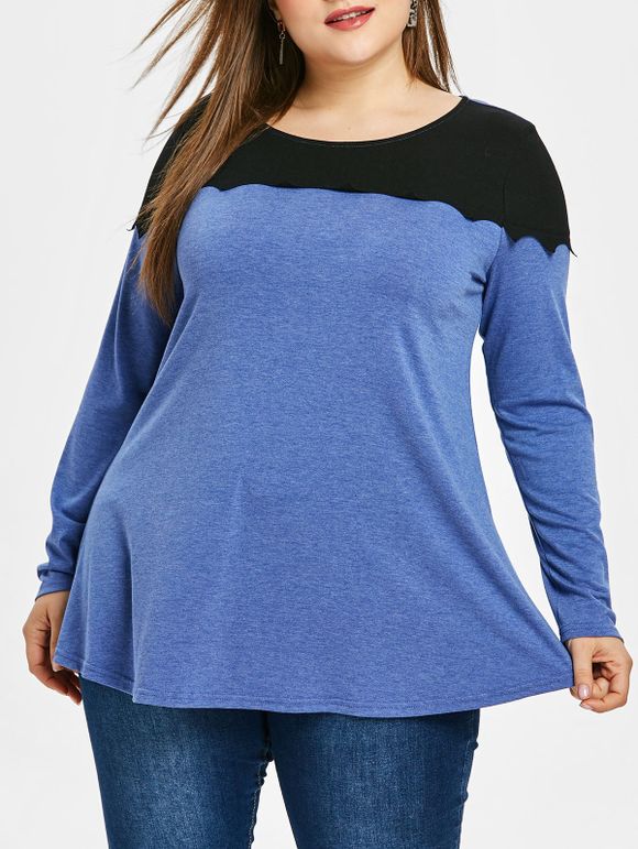 T-shirt Bicolore de Grande Taille à Manches Longues - Bleu 3X