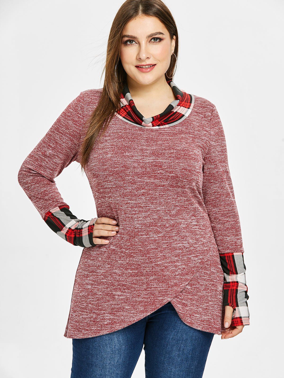 [26% OFF] 2021 Plus Size Cowl Neck Plaid Trim Marled Top In CHERRY RED ...