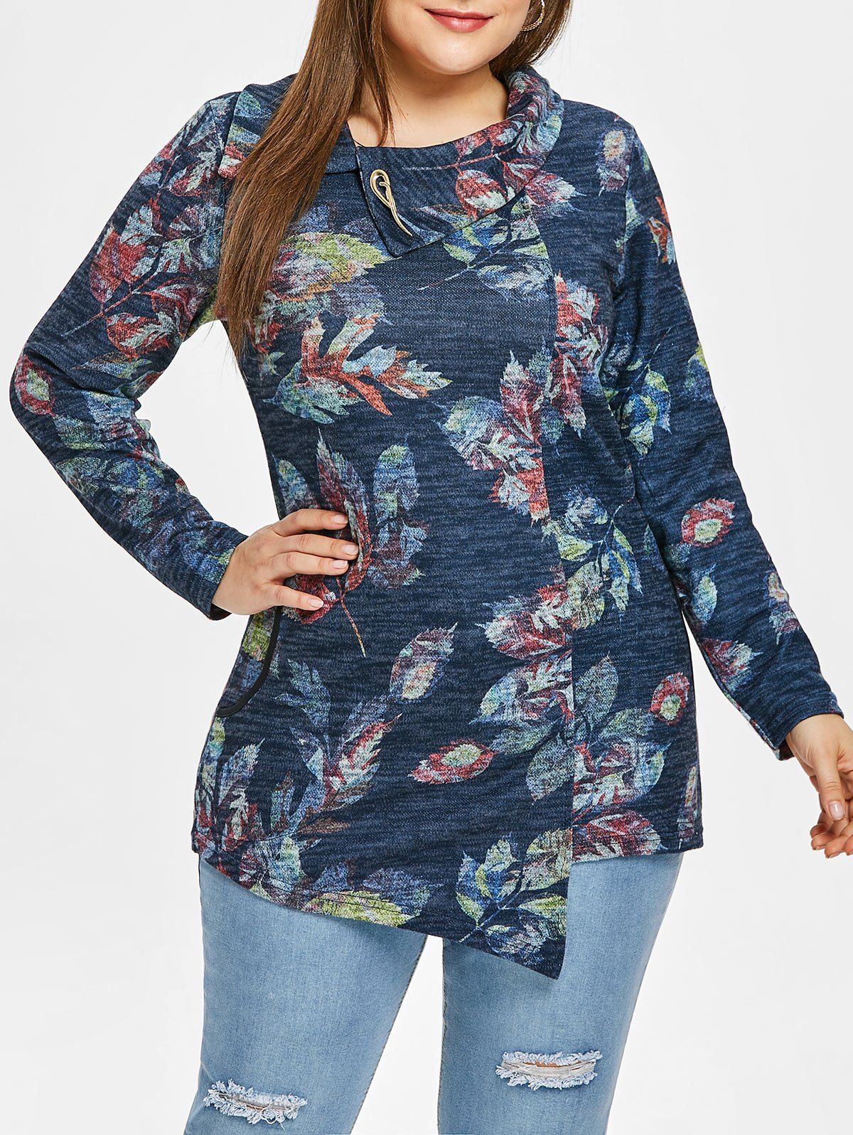 

Plus Size Leaves Print Long Sleeve Top, Silk blue