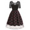 Robe Vintage Evasée Fleurie Imprimée en Dentelle Insérée Style Rock - multicolor L
