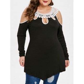 

Plus Size Cold Shoulder Cut Out Lace Trim T-shirt, Black