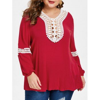 

Plus Size Hollow Out Contrast Lace Blouse, Red