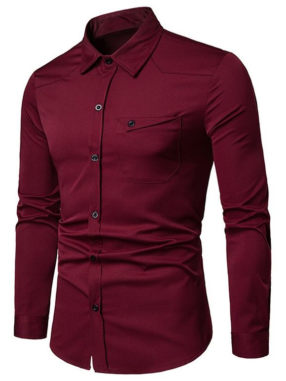 Chemise avec Poche Poitrine à Manches Longues - Rouge Vineux XL