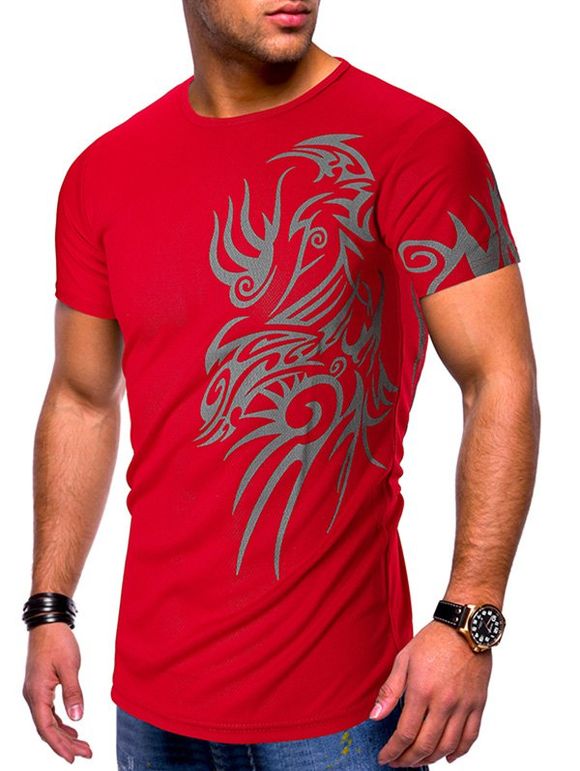 T-shirt Décontracté Tatouage Imprimé à Manches Courtes - Rouge 2XL