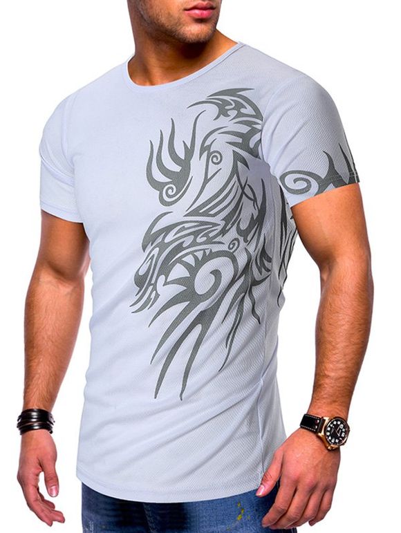 T-shirt Décontracté Tatouage Imprimé à Manches Courtes - Blanc XL