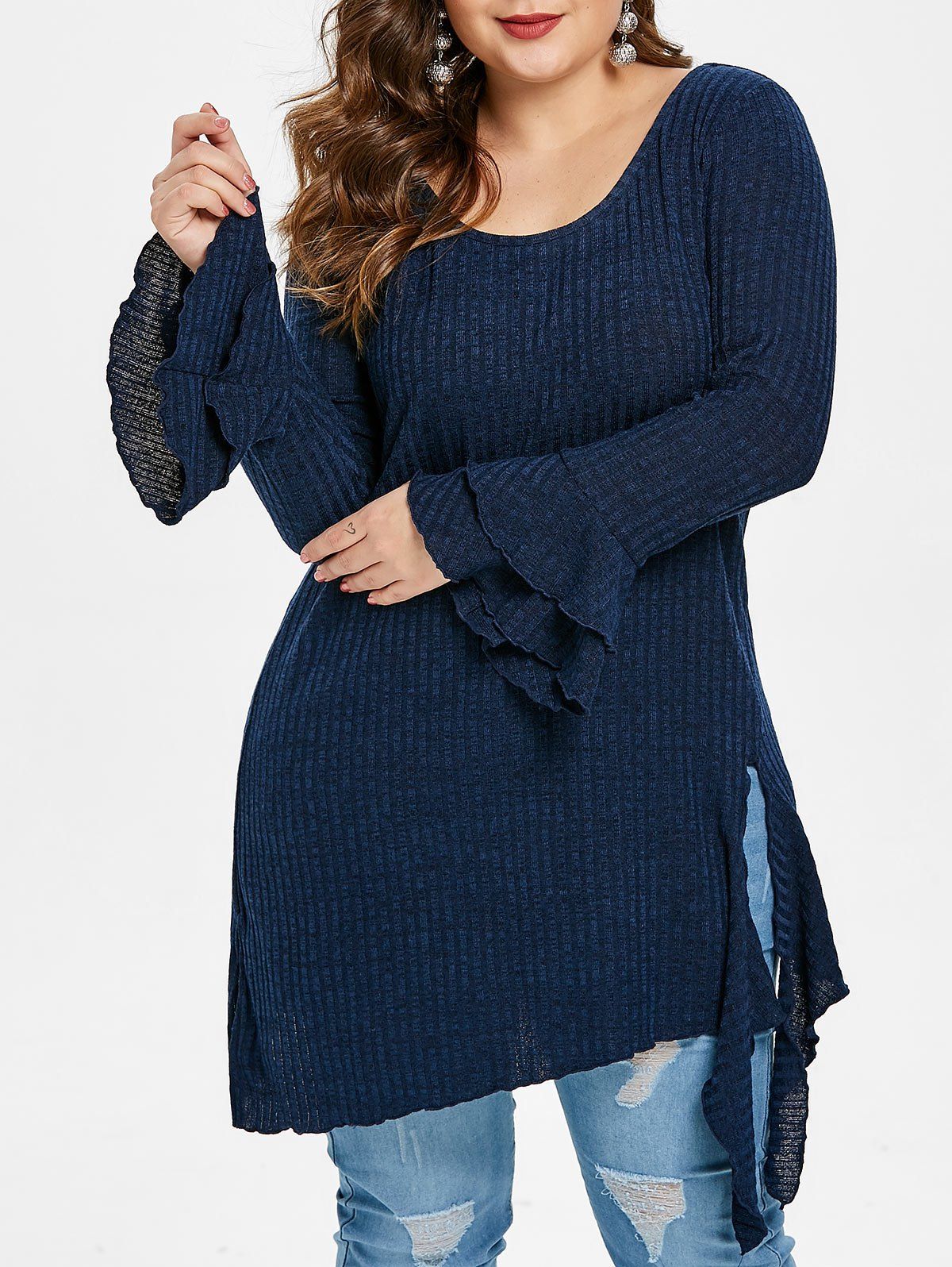 

Plus Size Layered Flare Sleeve Asymmetrical T-shirt, Deep blue