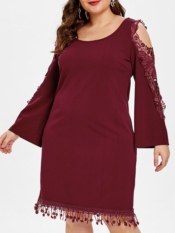Robe Panneau en Dentelle à Epaule Ouverte Grande Taille - Rouge Vineux L