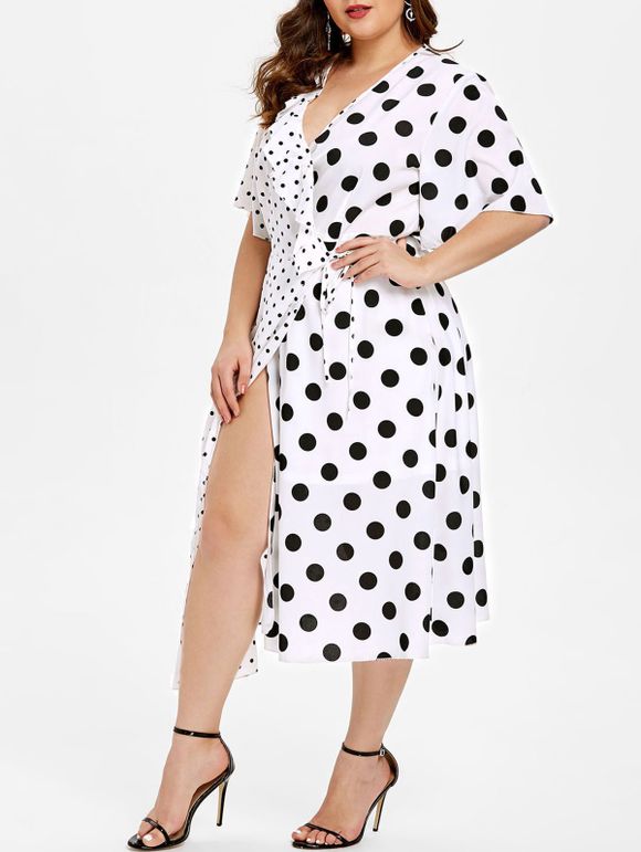 Robe Asymétrique Enveloppée Grande Taille à Pois à Col V - Blanc L