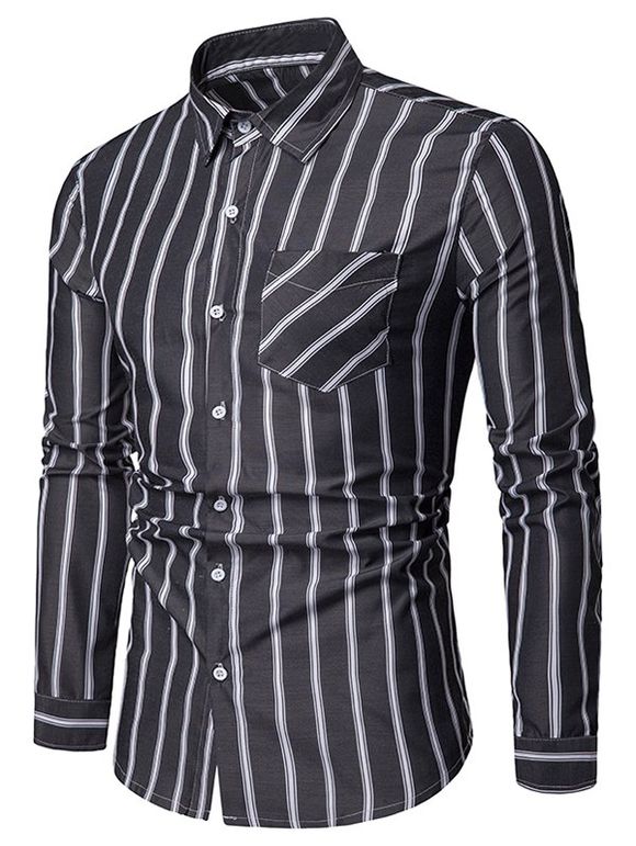 Chemise Boutonnée Rayée Imprimée avec Poche Poitrine - Noir L