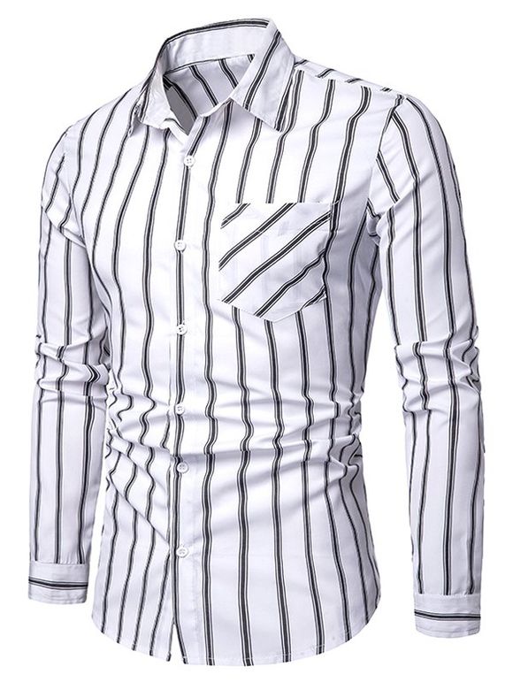 Chemise Boutonnée Rayée Imprimée avec Poche Poitrine - Blanc 2XL