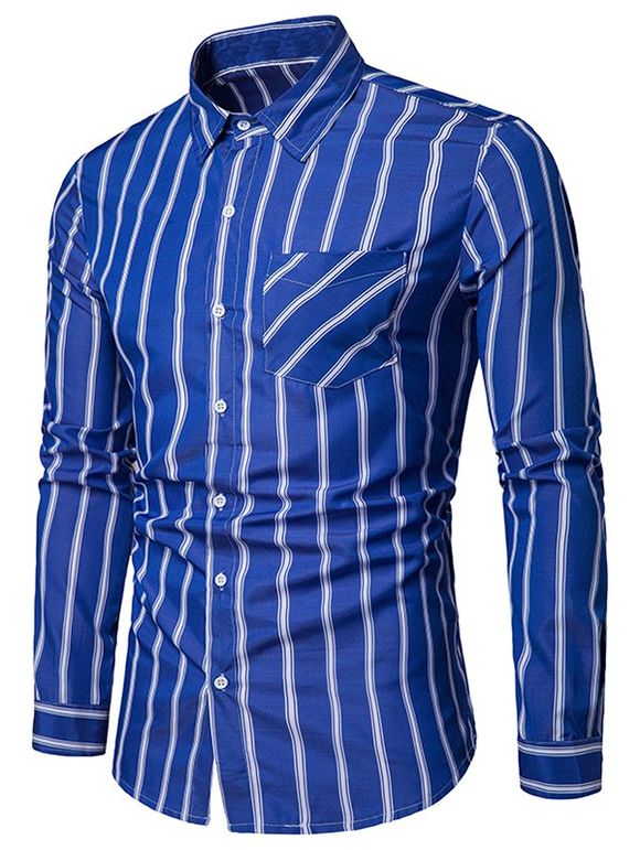 Chemise Boutonnée Rayée Imprimée avec Poche Poitrine - Bleu 2XL