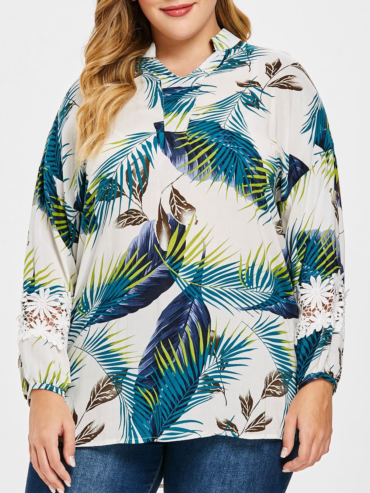 

Plus Size V Neck Leaves Print Blouse, White