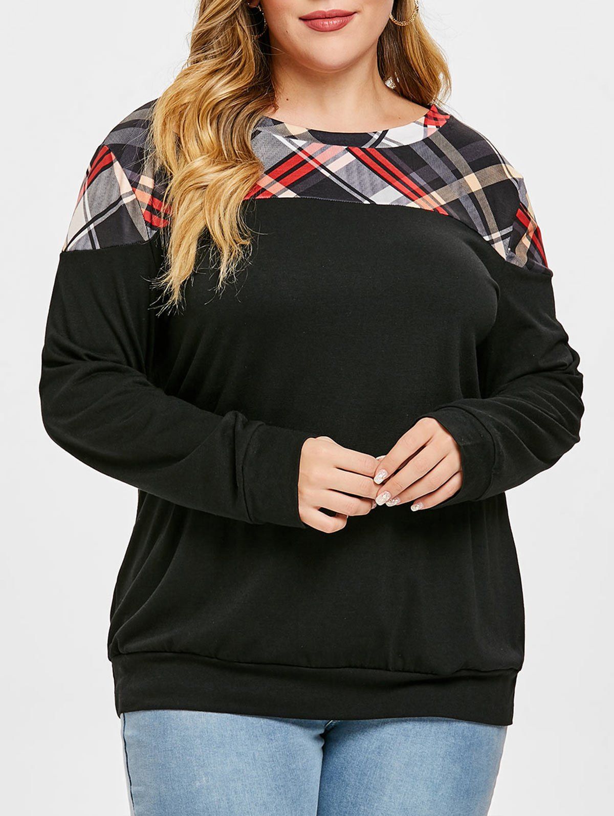 

Plus Size Long Sleeve Tartan Sweatshirt, Black