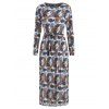 Round Neck Leaves Print Pleated Dress - multicolor L