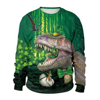 

3D Plant and Dinosaur Printed Pullover Sweatshirt, Medium forest green