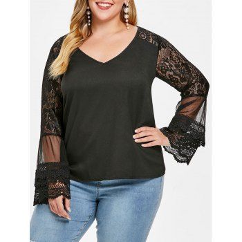 

V Neck Lace Long Sleeve Plus Size Top, Black