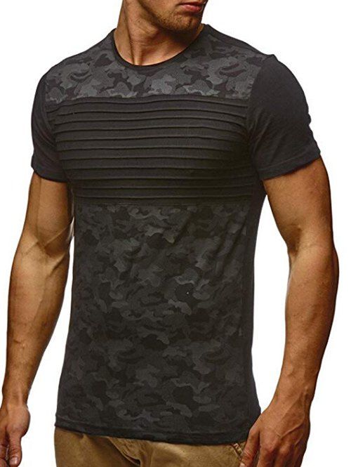 T-shirt Décontracté Camouflage Rayé Imprimé à Manches Courtes - Noir 2XL