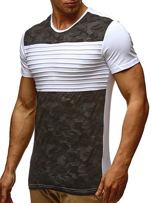 T-shirt Décontracté Camouflage Rayé Imprimé à Manches Courtes - Blanc XL