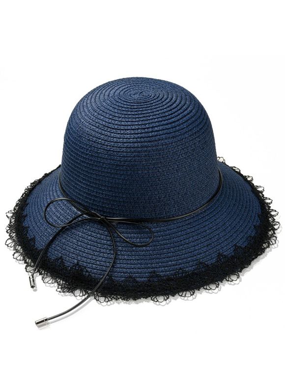 Chapeau de paille soleil décoration corde dentelle bowknot - Cadetblue 