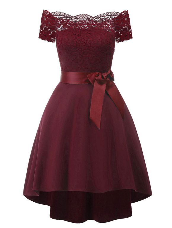 Off The Shoulder Lace Insert Vintage Dress - RED WINE M