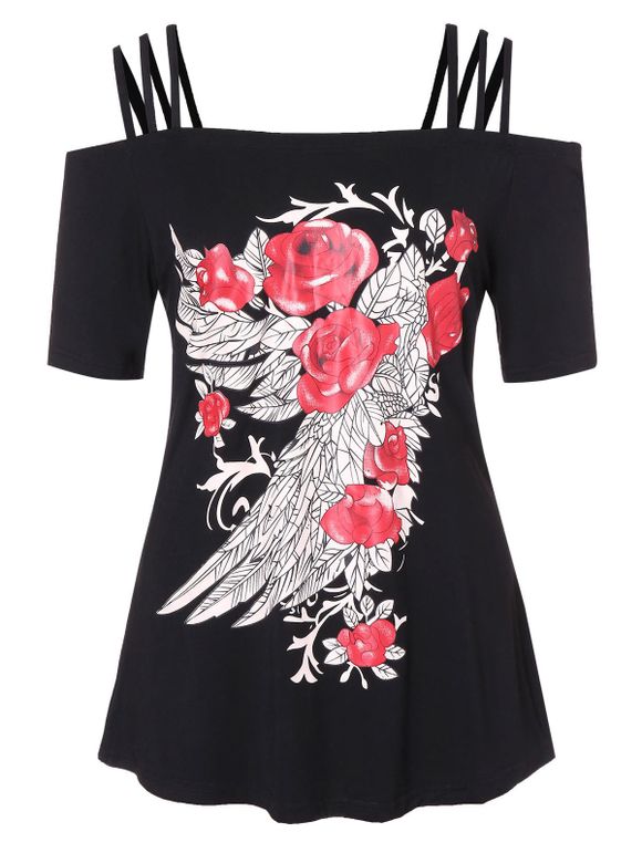 T-shirt Fleuri Imprimé à Bretelle Fine de Grande Taille - Noir 4X