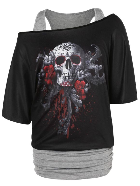 T-shirt blouson à grande taille avec imprimé crâne et épaules dénudées - multicolor 5X