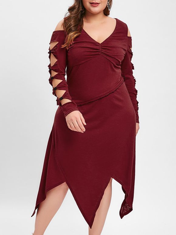 Robe Midi Nouée à Epaule Ouverte de Grande Taille - Rouge Vineux L