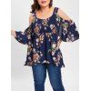 Blouse Epaule Dénudée Fleurie Plissée de Grande Taille - Bleu profond 4X