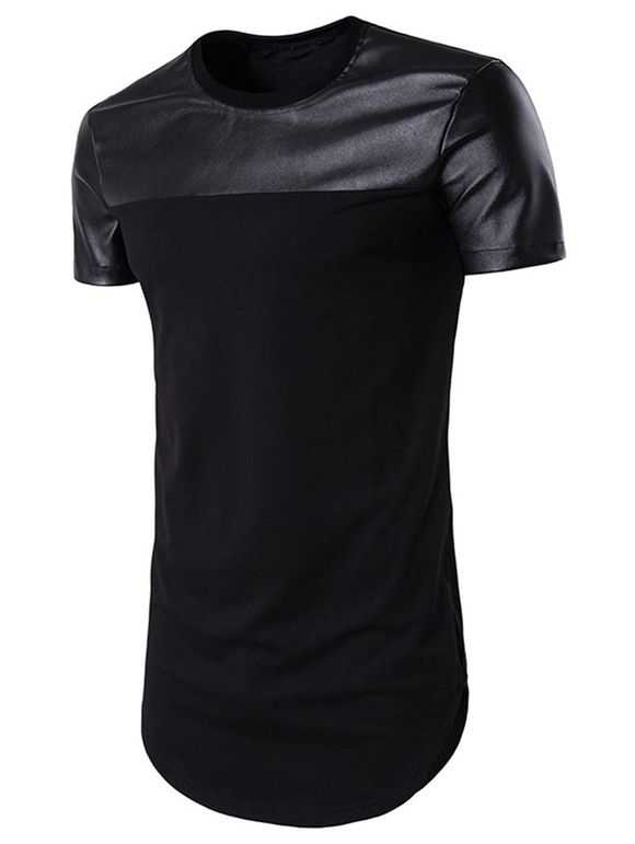 T-shirt Long Panneau en Faux Cuir - Noir M