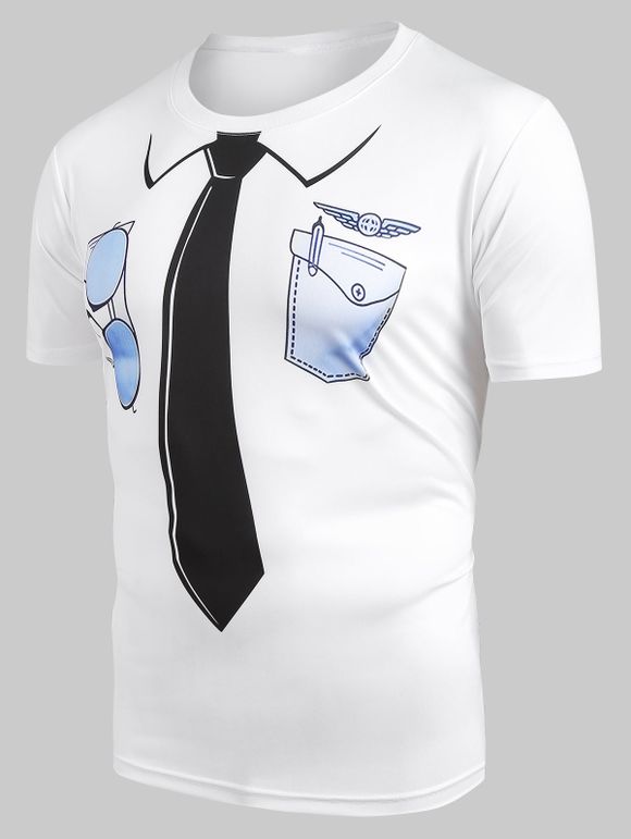 T-shirt Décontracté Fausse Cravate et Poche Imprimées - Blanc S