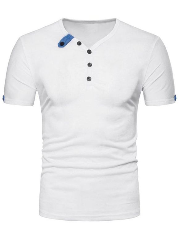 T-shirt Embelli de Bouton à Col V - Blanc 2XL