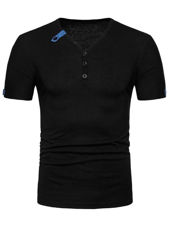 T-shirt Embelli de Bouton à Col V - Noir XL