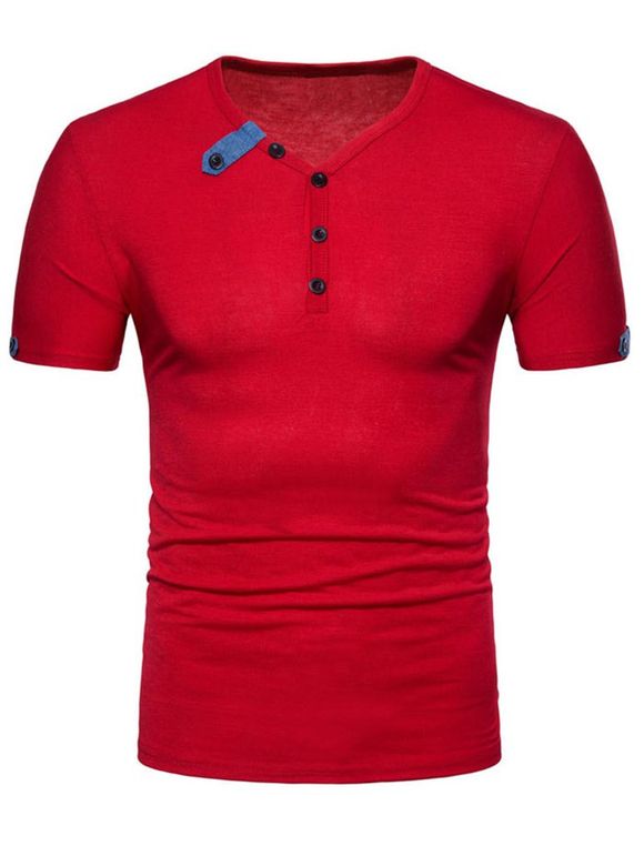 T-shirt Embelli de Bouton à Col V - Rouge 2XL