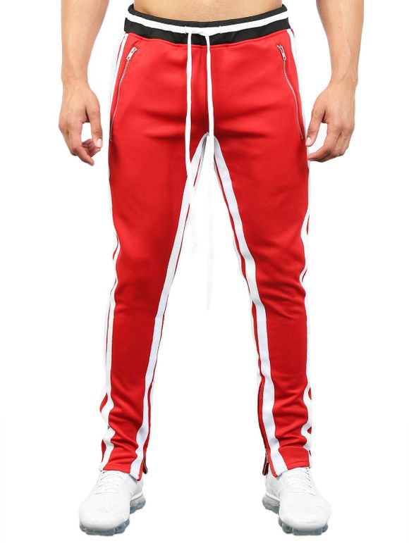 Pantalon de Survêtement Zippé Contrasté à Ourlet Rayé à Cordon - Rouge 3XL