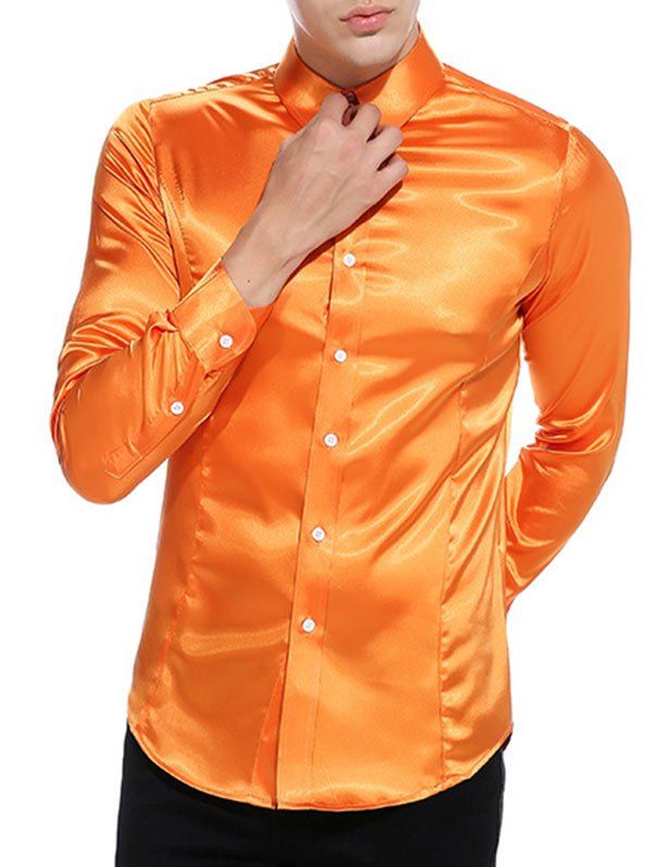 [58% OFF] 2020 Button Up Satin Plain Shirt In ORANGE | DressLily