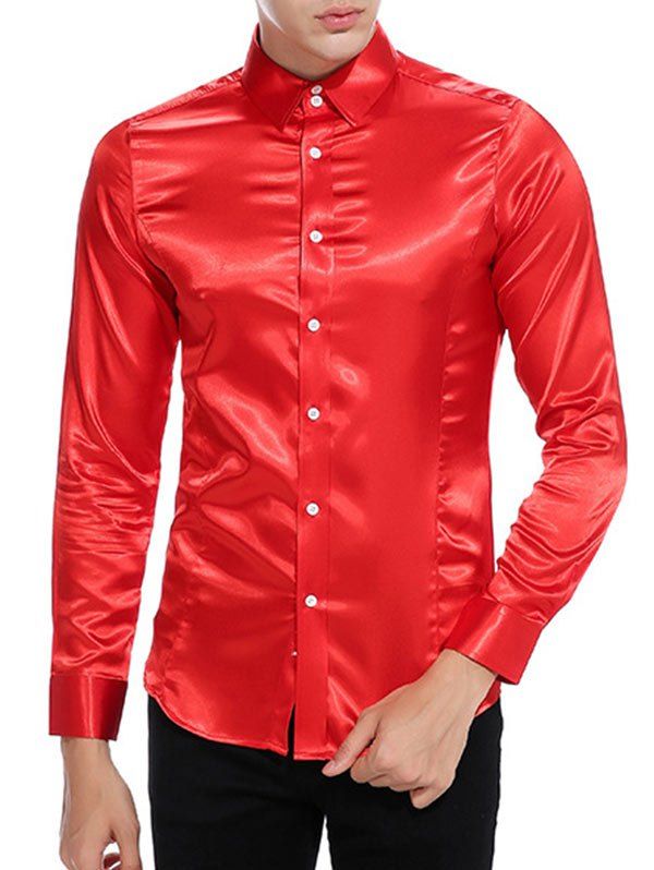 [50% OFF] 2019 Button Up Satin Plain Shirt In RED | DressLily