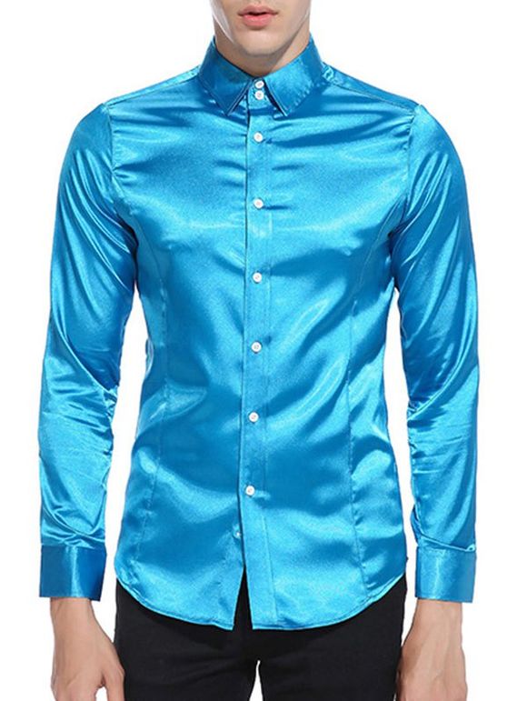 Chemise Simple Boutonnée en Satin - Bleu L